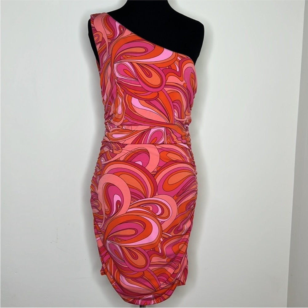 VICI One Shoulder Ruched Coral/Pink Print Dress XL